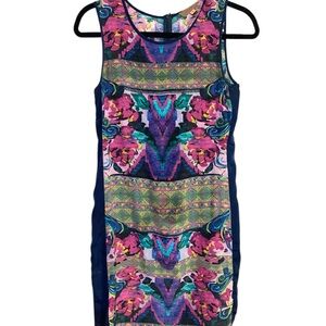 Kachel Silk Multicolor Floral & Geometric Mini Dress with Navy Nwot